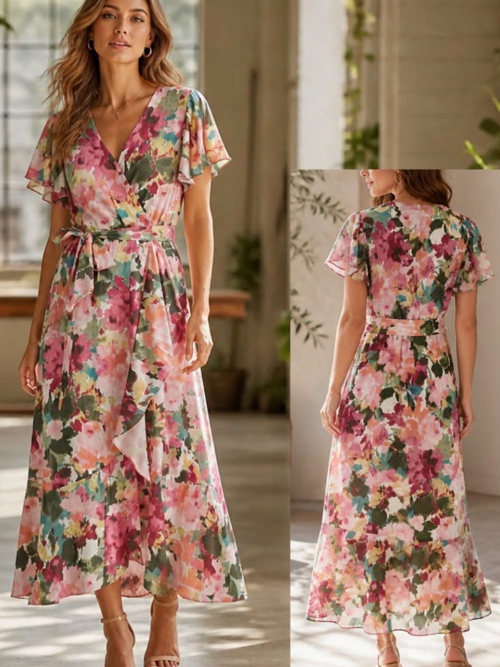 Floral Wrap Midi Dress - Pink Multi